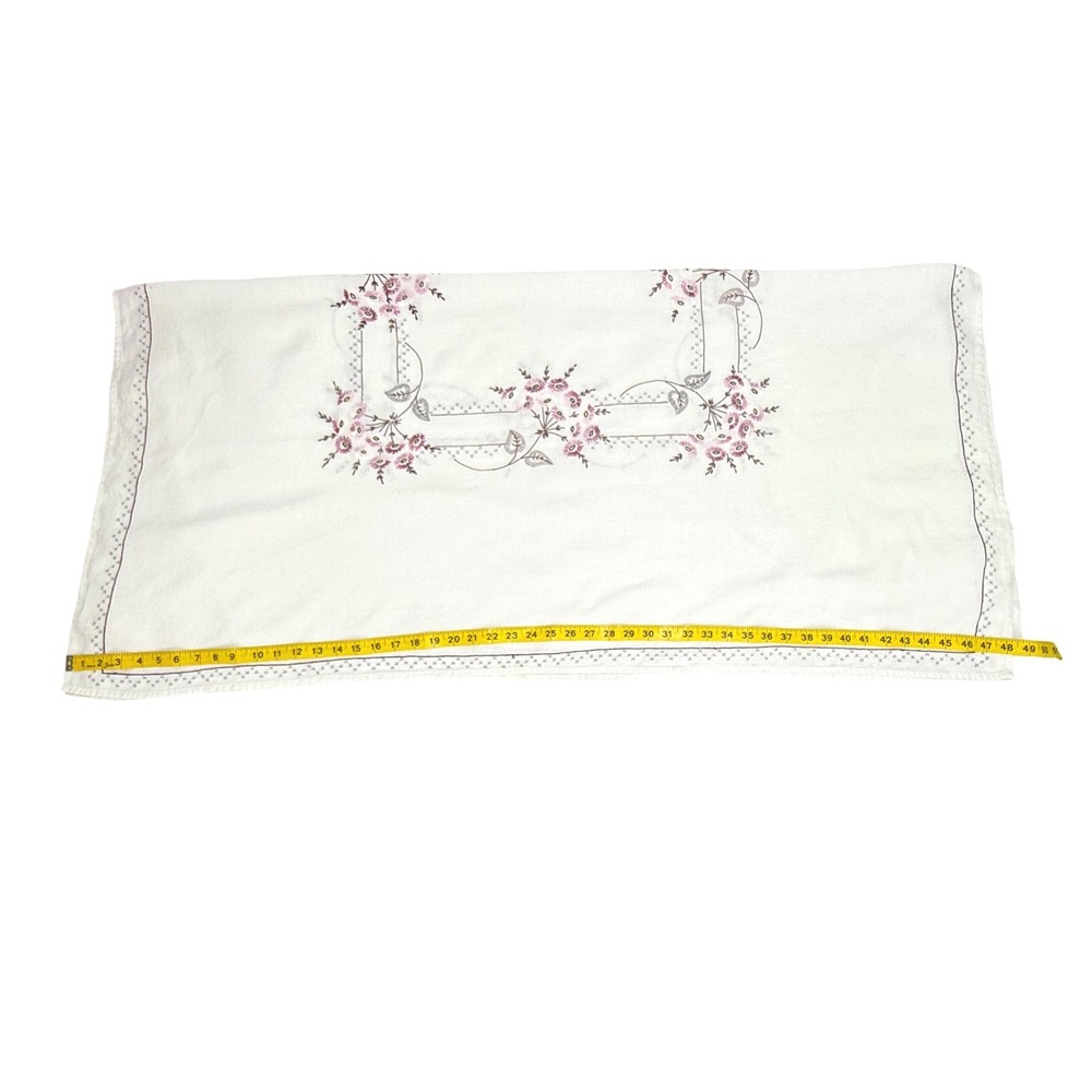 Vintage Floral Embroidered Tablecloth 48x45 White Pink Cottagecore Decor‎ - Picture 3 of 6